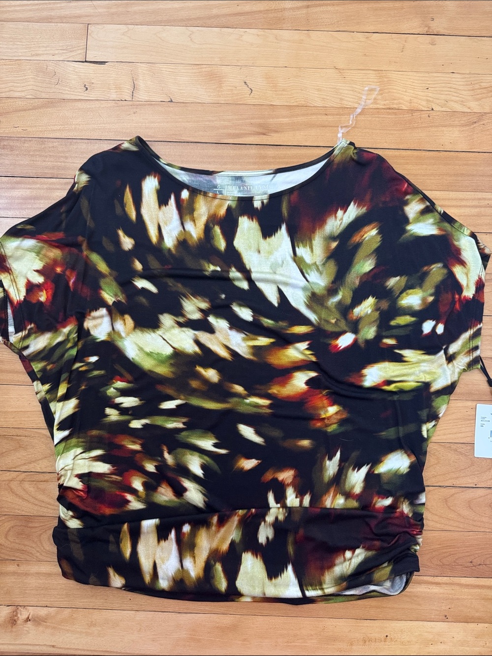Abstract Multicolor Dolman Sleeve Top with shirred sides
